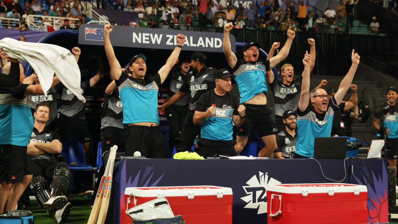 The New Zealand dugout erupts after the winning hit, England vs New Zealand, T20 World Cup, 1st semi-final, Abu Dhabi, November 10, 2021