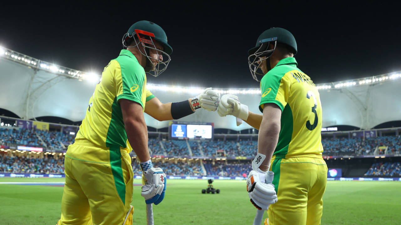 Aaron Finch and David Warner walk out to chase the trophy, Australia vs New Zealand, T20 World Cup final, Dubai, November 14, 2021