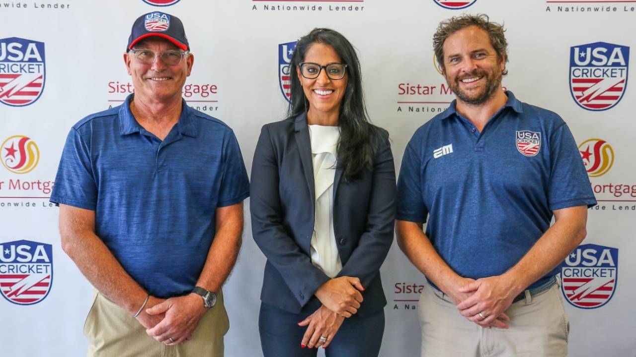 USA Cricket Committee member Jeff Crowe with ICC Americas Regional Development Manager Fara Gorsi and USA Cricket CEO Iain Higgins, August 13, 2021