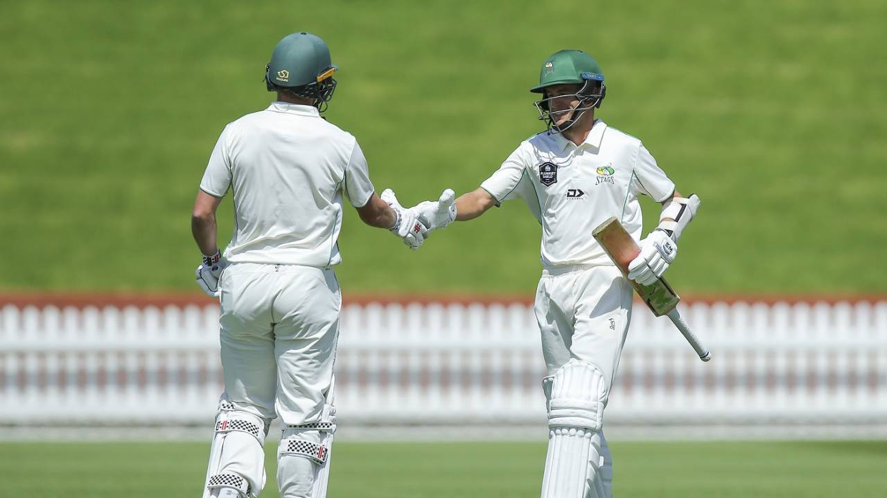 Brad Schmulian of Central Districts celebrates his half century with Dane Cleaver, Wellington vs Central Districts, day 2, Basin Reserve, Plunket Shield, November 16, 2021