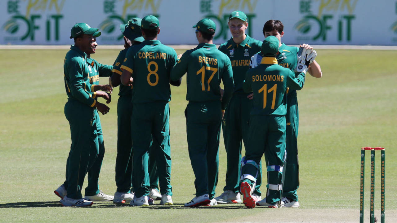 The South Africa Under-19 players celebrate after dismissing Wesley Marshall, North West vs South Africa Under-19s, CSA Provincial T20 Cup 2021, Pool C, Bloemfontein, October 9, 2021
