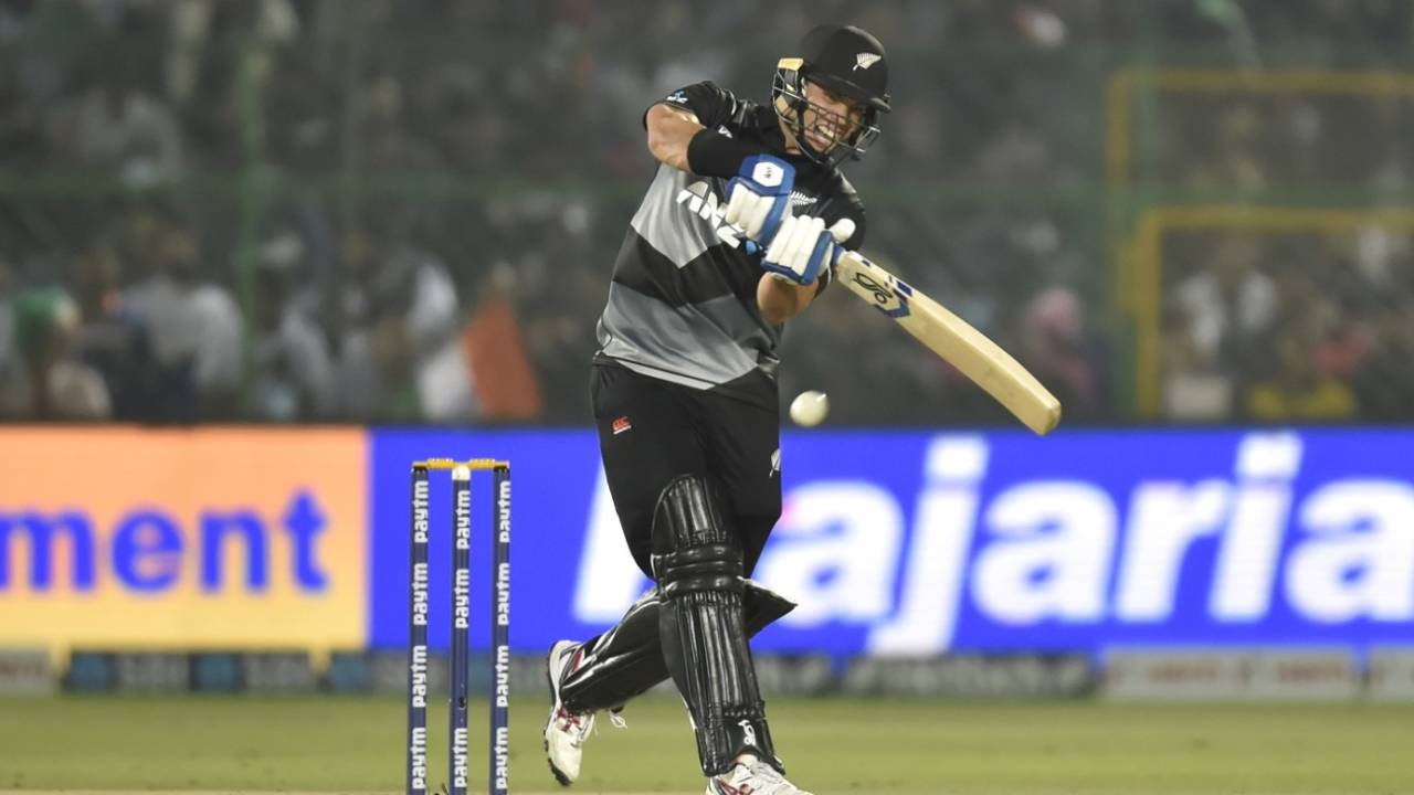 Mark Chapman swipes at the ball, 1st T20I, India vs New Zealand, Jaipur, November 17, 2021