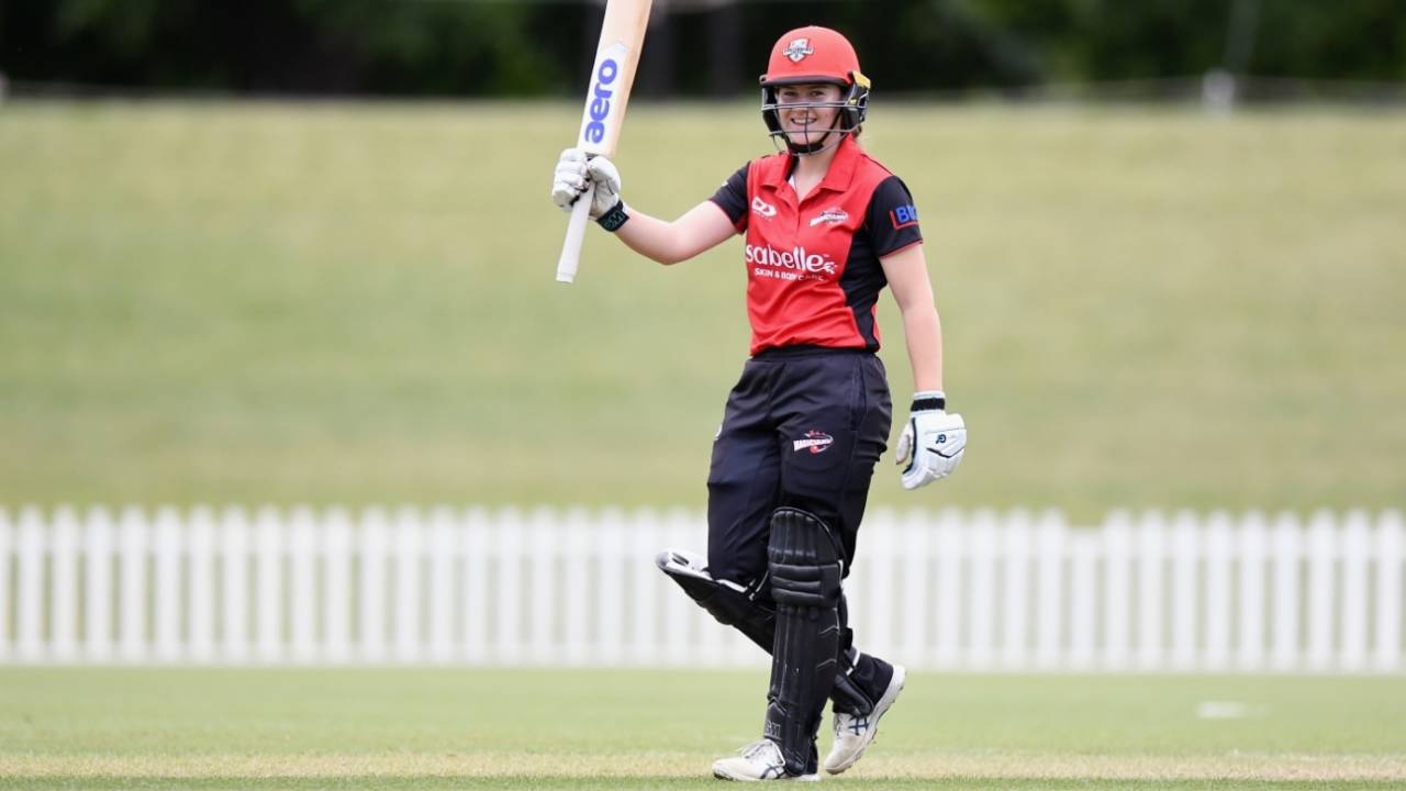 Canterbury's Abigale Gerken is all smiles after getting to a hundred, Canterbury vs Otago, New Zealand Cricket Women's One-Day Competition, Christchurch, November 21, 2021