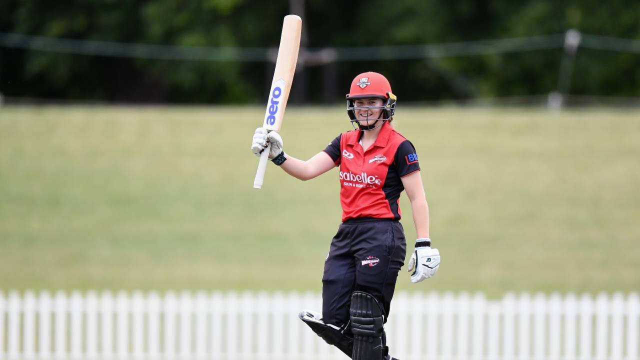 Canterbury's Abigale Gerken is all smiles after getting to a hundred, Canterbury vs Otago, New Zealand Cricket Women's One-Day Competition, Christchurch, November 21, 2021