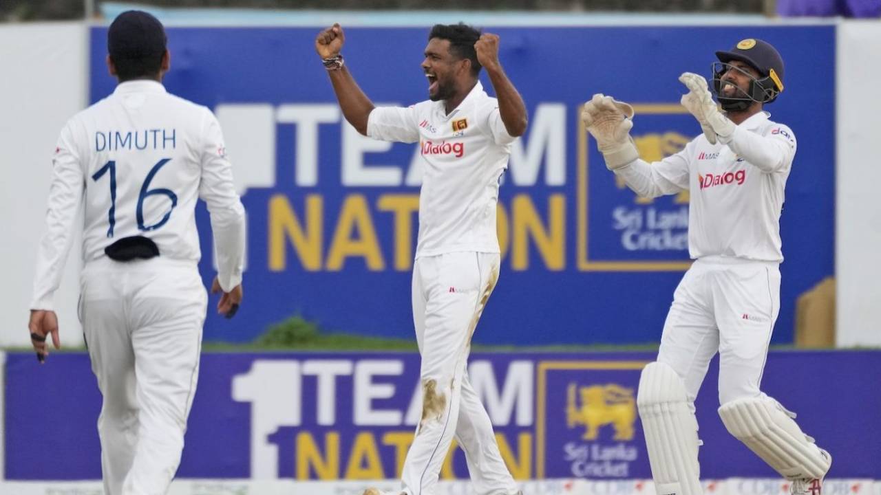 Ramesh Mendis is thrilled after bagging Kraigg Brathwaite for a duck, Sri Lanka vs West Indies, 1st Test, Galle, 4th day, November 24, 2021
