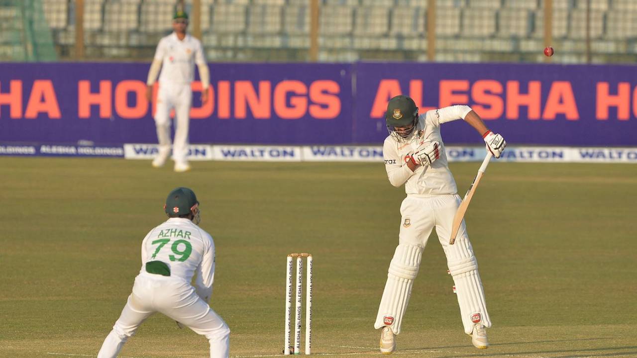 Saif Hassan is dismissed fending off a Shaheen Afridi bouncer