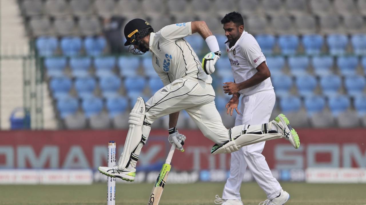 William Somerville leaps as he completes a run, India vs New Zealand, 1st Test, Kanpur, 5th day, November 29, 2021