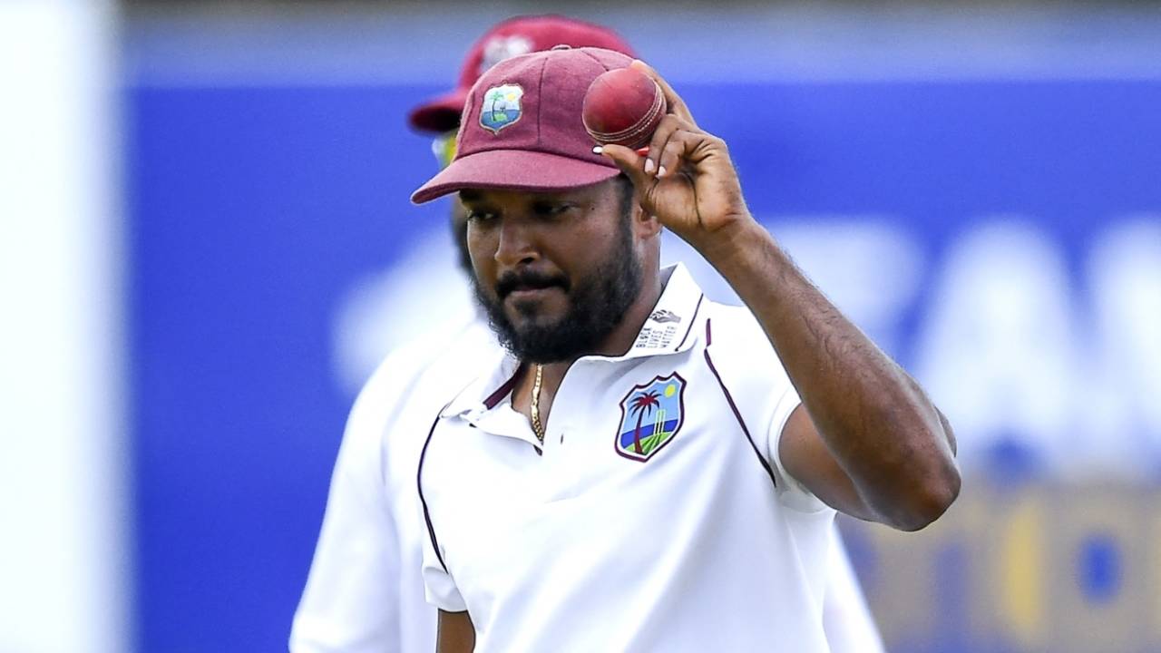 Veerasammy Permaul with the match ball after his five-for, Sri Lanka vs West Indies, 2nd Test, Galle, 2nd day, November 30, 2021