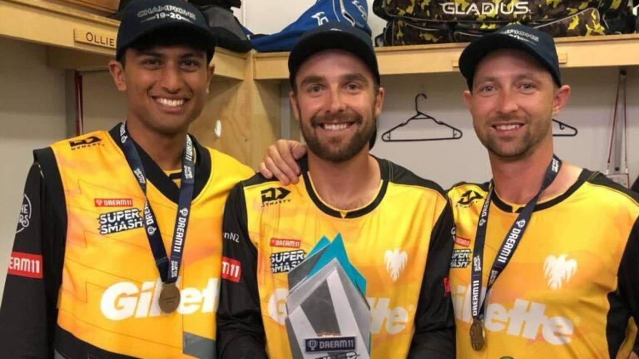 Rachin Ravindra, Tom Blundell and Devon Conway after Wellington Firebirds were crowned Super Smash champions 2020-21
