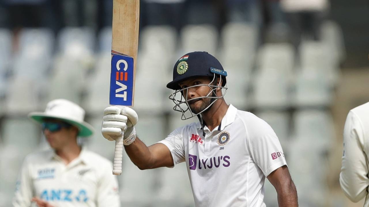Mayank Agarwal raises his bat after reaching 150, India vs New Zealand, 2nd Test, Wankhede, 2nd day, December 4, 2021