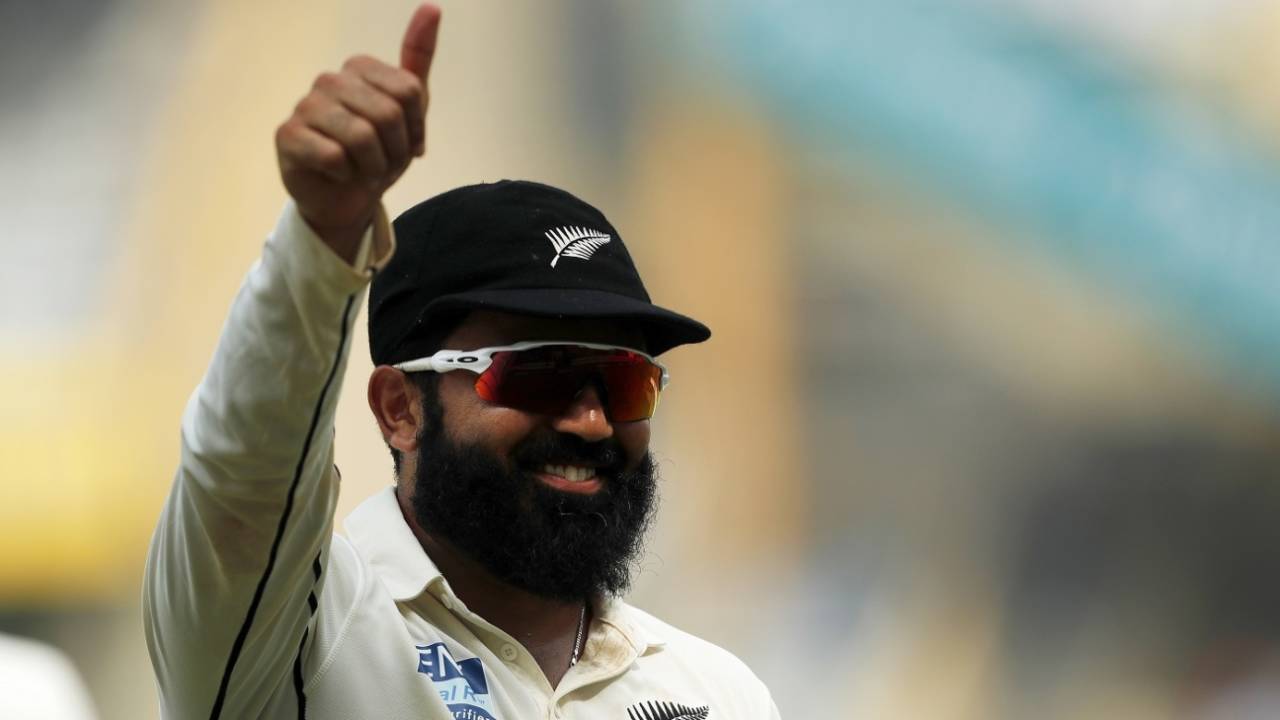 Ajaz Patel is all smiles after becoming the third bowler to take all ten wickets in a Test innings, India vs New Zealand, 2nd Test, Wankhede, 2nd day, December 4, 2021