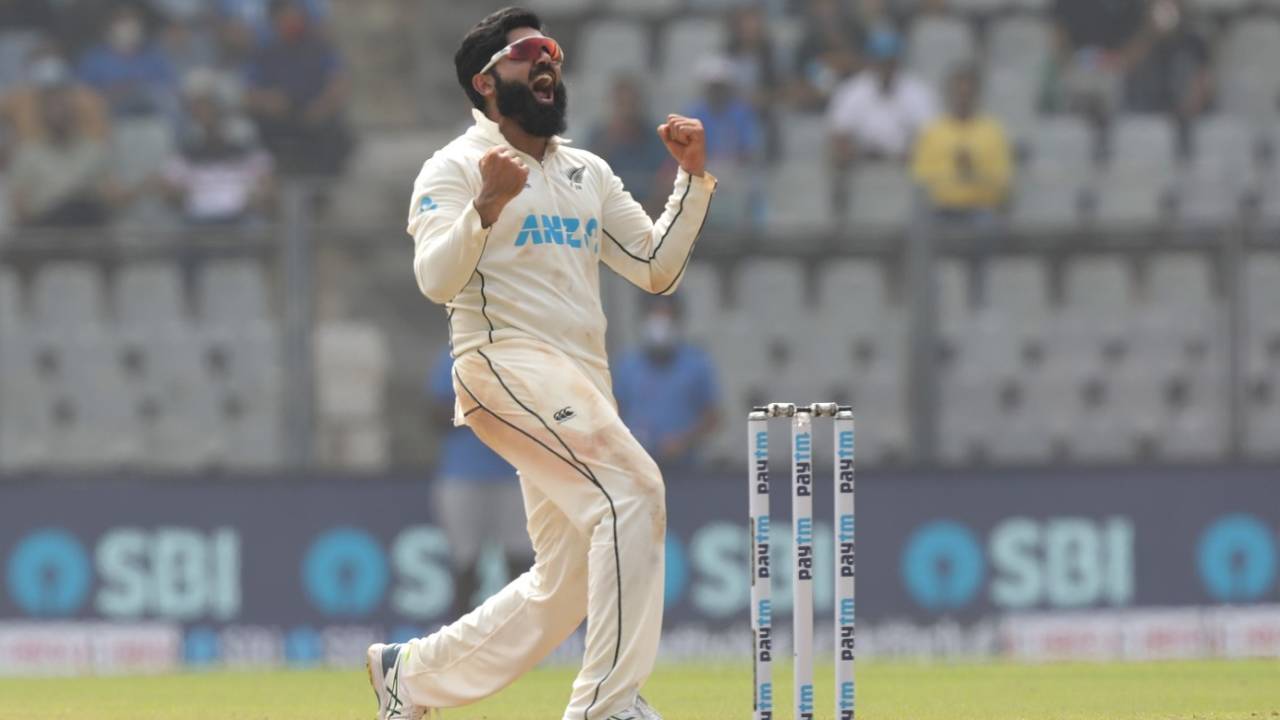 Ajaz Patel roars after picking up his tenth wicket, India vs New Zealand, 2nd Test, Wankhede, 2nd day, December 4, 2021