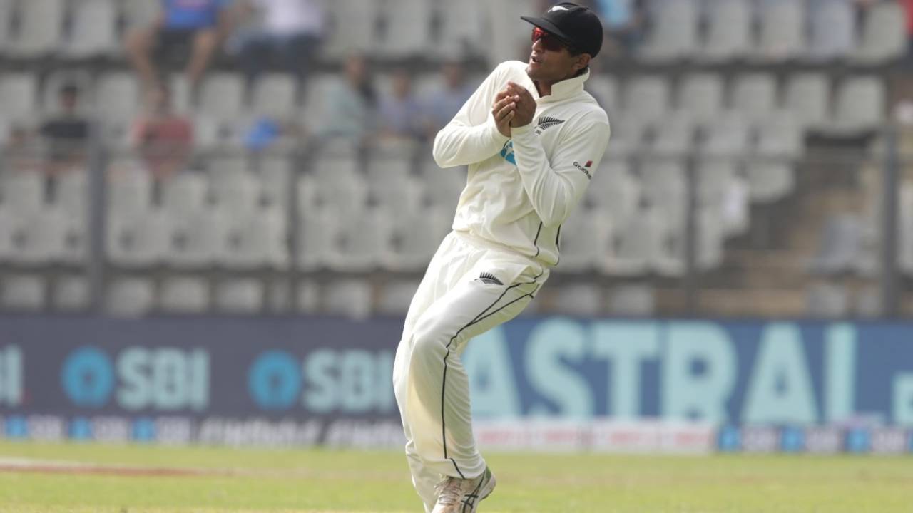Rachin Ravindra takes a catch off Mohammed Siraj to give Ajaz Patel his tenth wicket of the innings, India vs New Zealand, 2nd Test, Wankhede, 2nd day, December 4, 2021