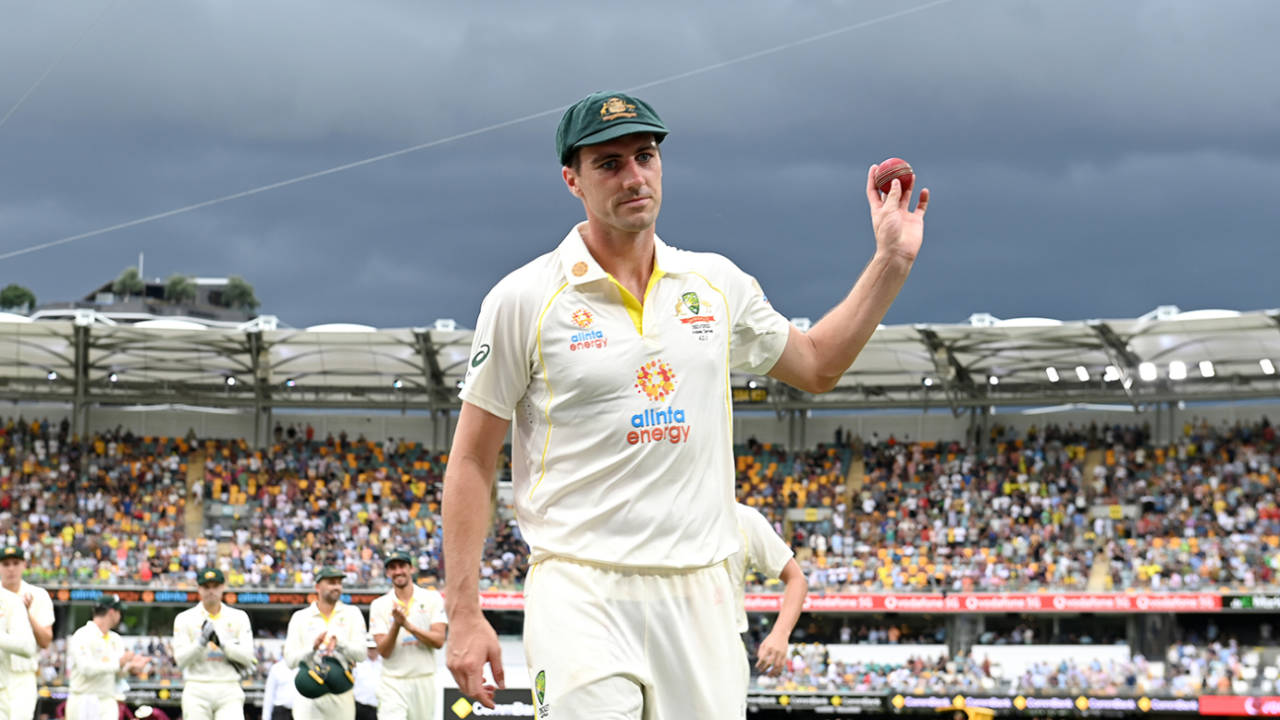Pat Cummins holds the ball aloft after claiming his first Ashes five-for&nbsp;&nbsp;&bull;&nbsp;&nbsp;Getty Images