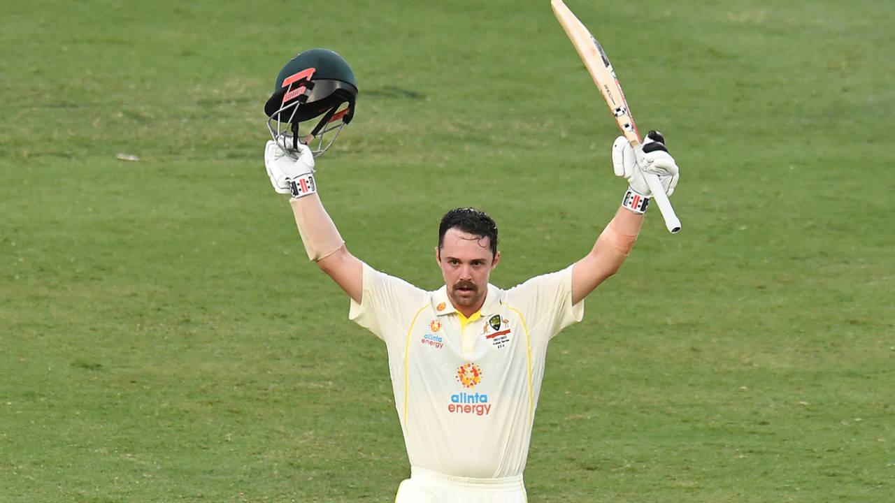 Travis Head celebrates reaching his century, Australia vs England, The Ashes, 1st Test, 2nd day, Brisbane, December 9, 2021