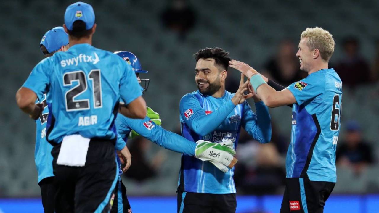 Rashid Khan celebrates a wicket, Adelaide Strikers vs Melbourne Renegades, Big Bash League, Adelaide, December 9, 2021