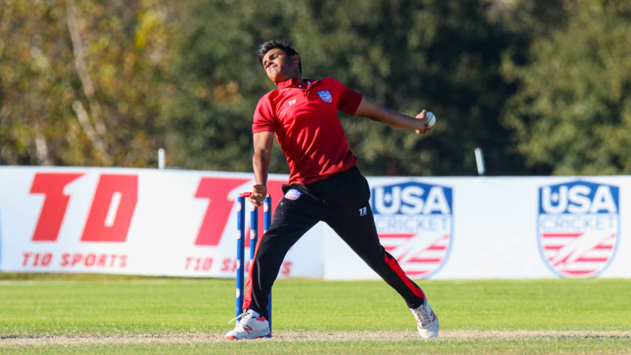 Vatsal Vaghela bowls for West Zone Reds during the National Championships, 2021 USA Cricket Men's 50-over National Championships, Prairie View, November 19, 2021