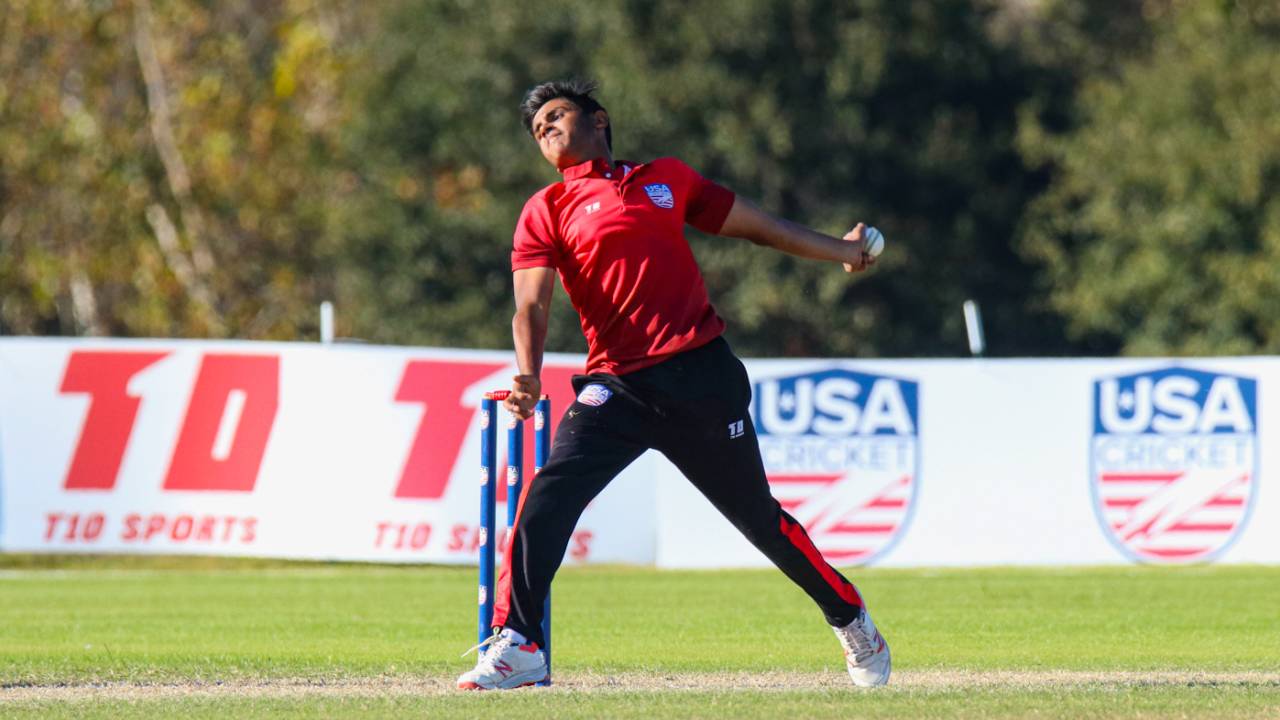 Vatsal Vaghela bowls for West Zone Reds during the National Championships, 2021 USA Cricket Men's 50-over National Championships, Prairie View, November 19, 2021
