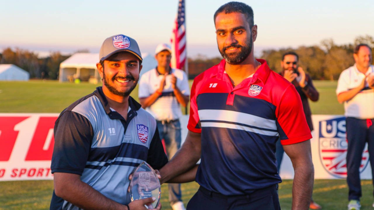 Rahul Jariwala accepts the award for Most Runs from USA Cricket board member Srini Salver, 2021 USA Cricket Men's 50-over National Championships, Prairie View, November 19, 2021