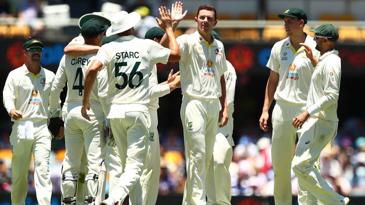 Josh Hazlewood gets congratulated by his team-mates, Australia vs England, The Ashes, 1st Test, 4th day, Brisbane, December 11, 2021