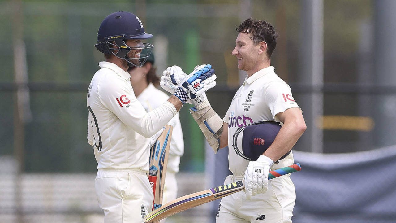James Bracey celebrates his hundred with Ben Foakes, Australia A vs England Lions, Ian Healy Oval, Brisbane, December 12, 2021
