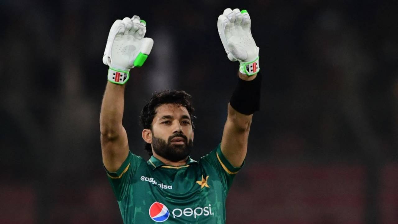 Mohammad Rizwan brings out his trademark celebration after reaching his fifty, Pakistan vs West Indies, Pakistan vs West Indies, 3rd T20I, Karachi, December 16, 2021
