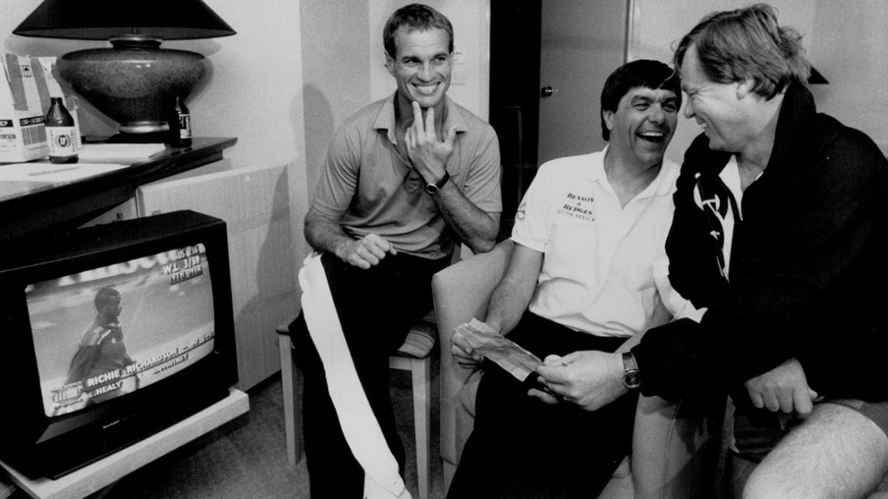 South Africa captain Kepler Wessels, team manager Alan Jordaan and coach Mike Procter react to the referendum voting yes to end apartheid in their country, March 18, 1992