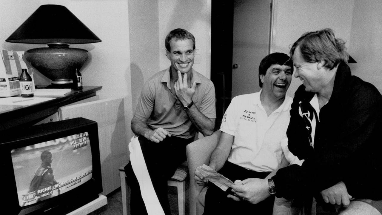 South Africa captain Kepler Wessels, team manager Alan Jordaan and coach Mike Procter react to the referendum voting yes to end apartheid in their country, March 18, 1992