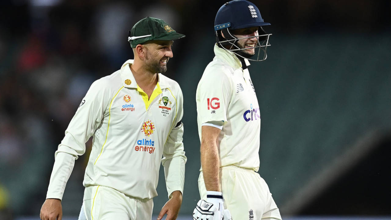 Smiling now: Nathan Lyon and Joe Root exchange pleasantries, Australia vs England, 2nd Test, The Ashes, Adelaide, 2nd day, December 17, 2021