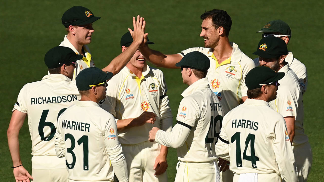 Mitchell Starc celebrates with team-mates, Australia vs England, 2nd Test, The Ashes, Adelaide, 3rd day, December 18, 2021