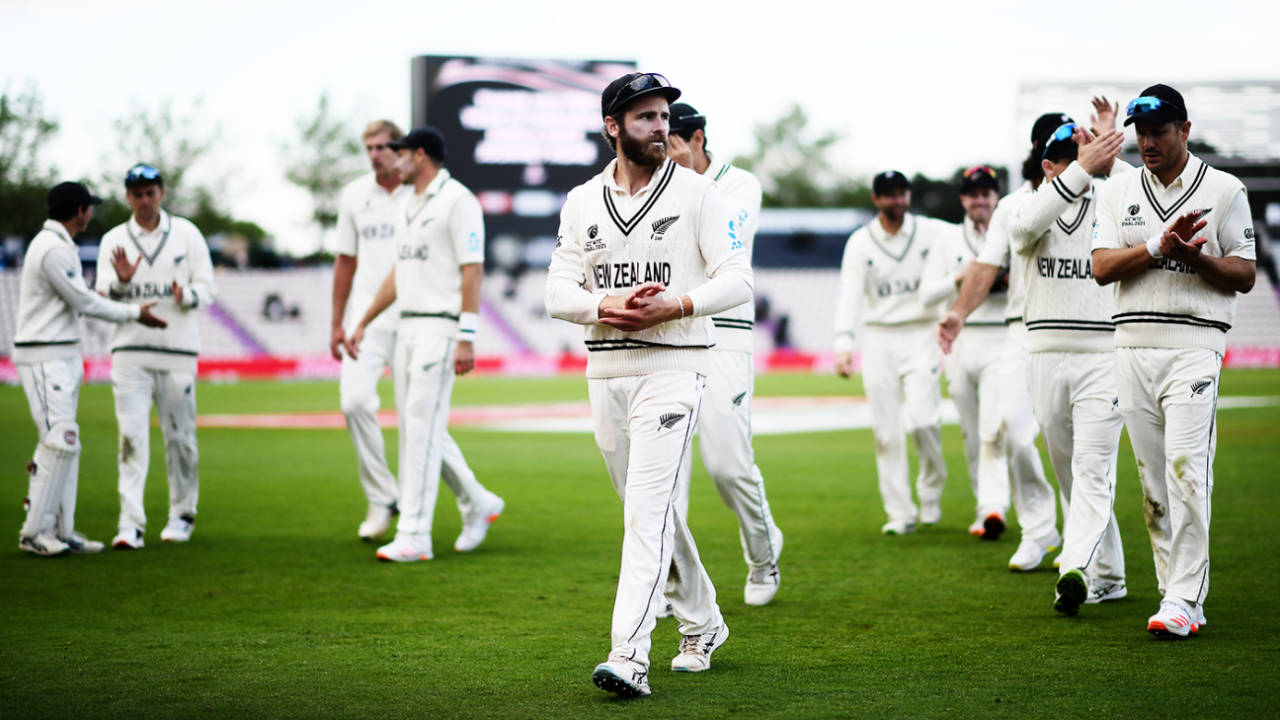 Kane Williamson leads his side off the field at stumps, World Test Championship (WTC) final, 5th day, Southampton, June 22, 2021