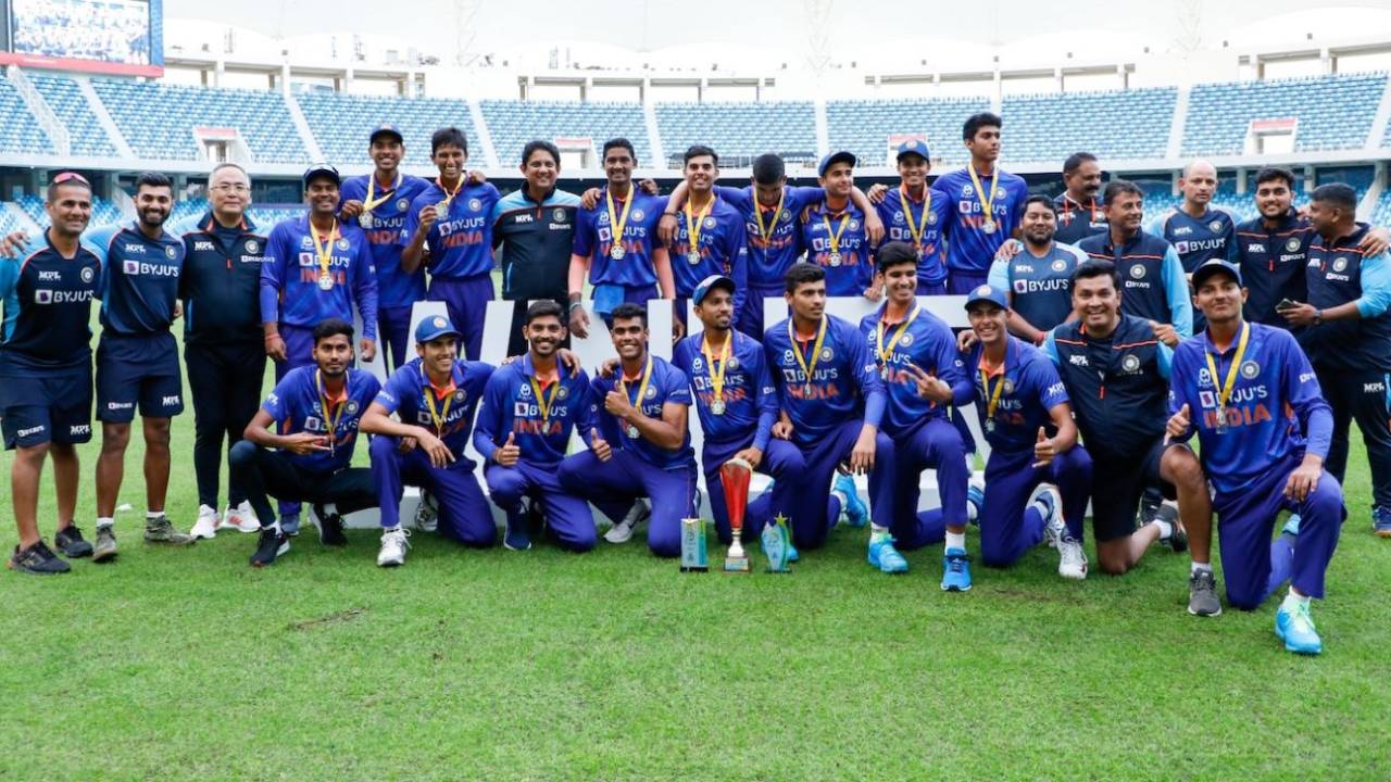 The Indian contingent celebrates with trophy after winning the Under-19 Asia Cup, Dubai, December 31, 2021