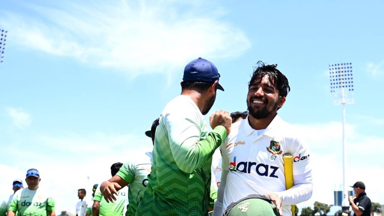 Mominul Haque walks off the field after guiding Bangladesh to their win in Mount Maunganui&nbsp;&nbsp;&bull;&nbsp;&nbsp;Getty Images