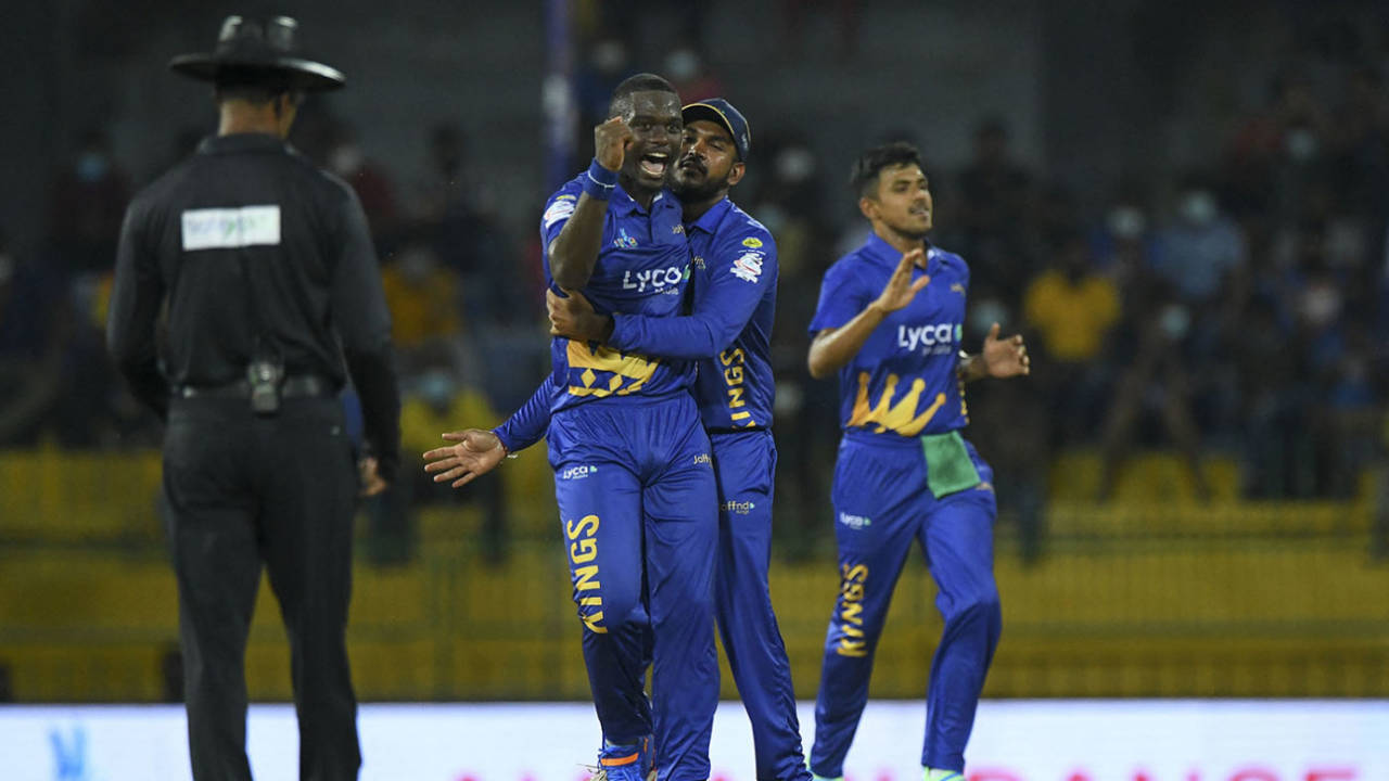 Jayden Seales celebrates a wicket, Galle Gladiators vs Jaffna Kings, Lanka Premier League, Colombo, December 5, 2021