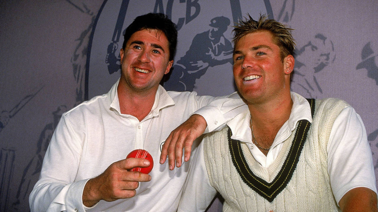 Tim May and Shane Warne after their matchwinning double act against New Zealand in 1993&nbsp;&nbsp;&bull;&nbsp;&nbsp;Getty Images