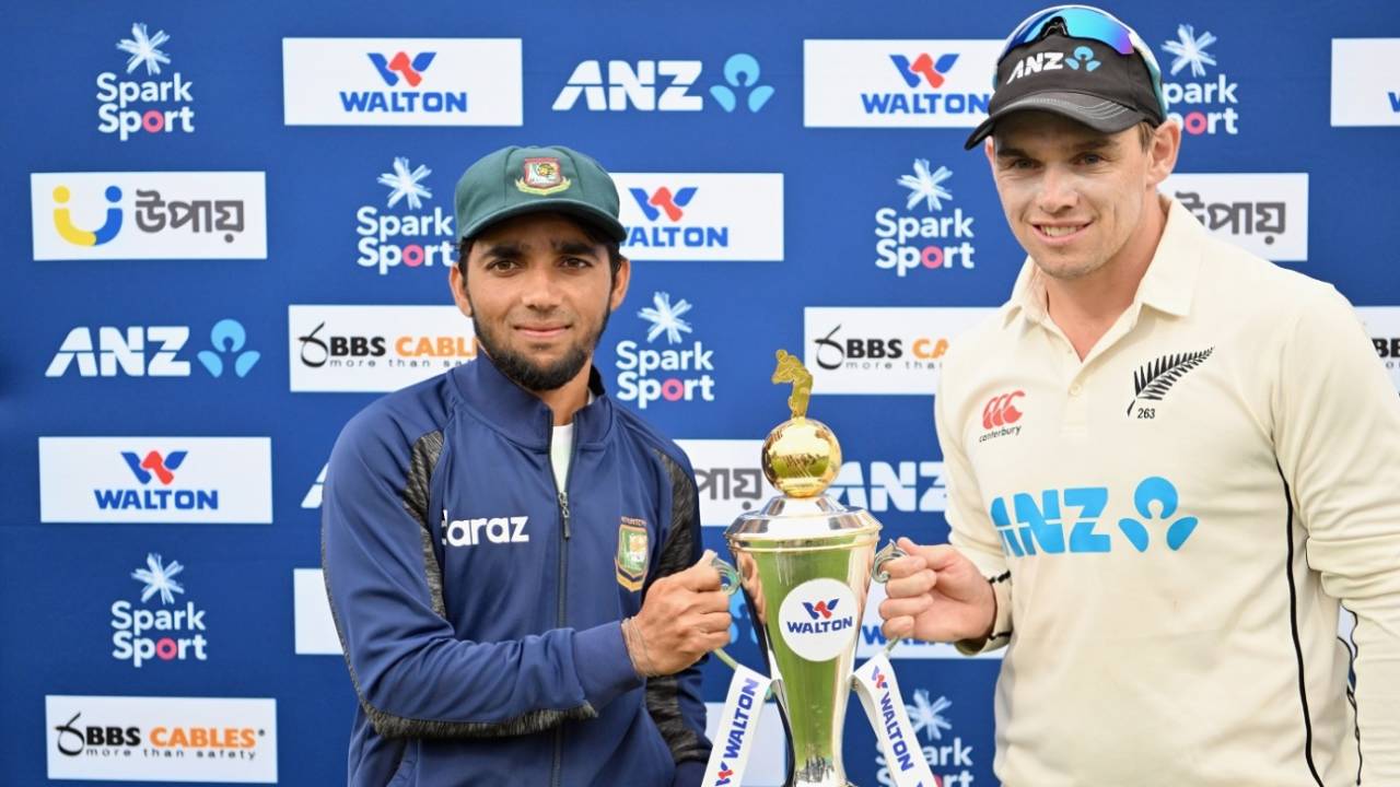 Tom Latham and Mominul Haque shared the trophy after a 1-1 series result&nbsp;&nbsp;&bull;&nbsp;&nbsp;Getty Images