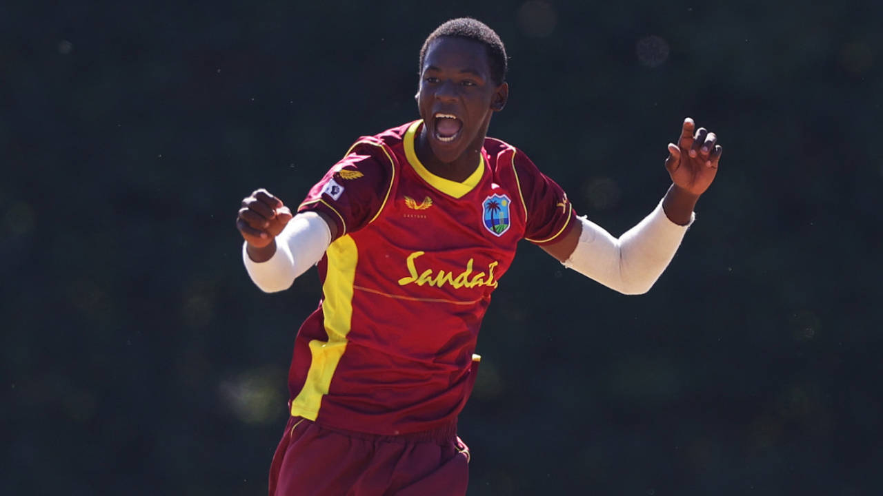 Johann Layne celebrates dismissing George Bell in a one-dayer between West Indies Under-19 and England Under-19, Beckenham, September 8, 2021