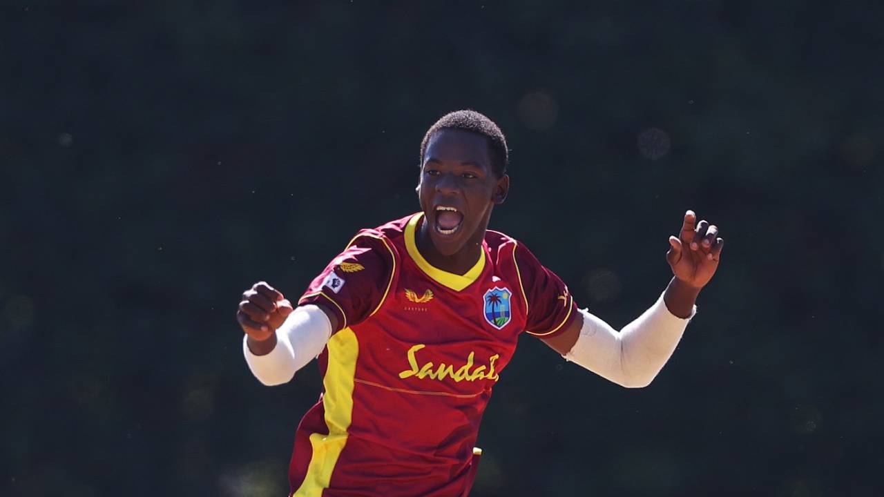 Johann Layne celebrates dismissing George Bell in a one-dayer between West Indies Under-19 and England Under-19, Beckenham, September 8, 2021
