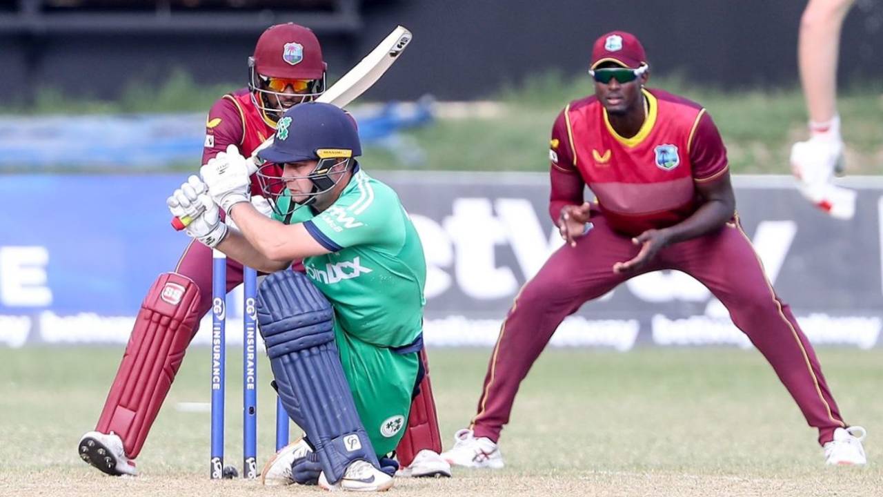 Andy McBrine plays a sweep, West Indies vs Ireland, 2nd ODI, Kingston, January 13, 2022