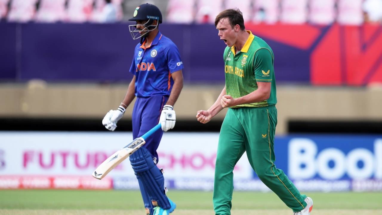 Matthew Boast celebrates after dismissing Dinesh Bana, India Under-19 vs South Africa Under-19, Under-19 World Cup 2022, Providence, January 15, 2022 