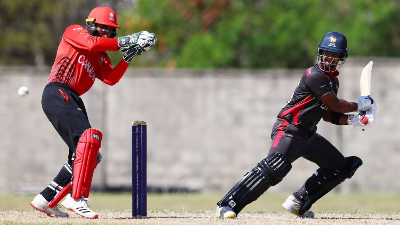 Punya Mehra jabs at the ball, Canada Under-19 vs UAE Under-19, Under-19 World Cup, Basseterre, January 15, 2022 