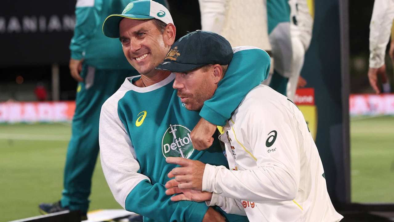 David Warner and Justin Langer at the end of last year's Ashes&nbsp;&nbsp;&bull;&nbsp;&nbsp;CA/Cricket Australia/Getty Images