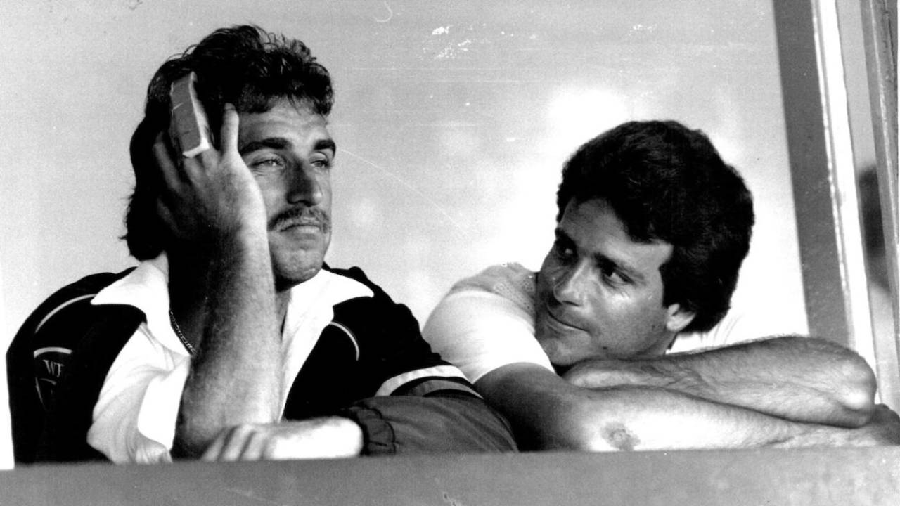 Glenn Bishop (left) and Wayne Phillips in the pavilion, New South Wales vs South Australia, Sheffield Shield, Sydney, December 3, 1984 