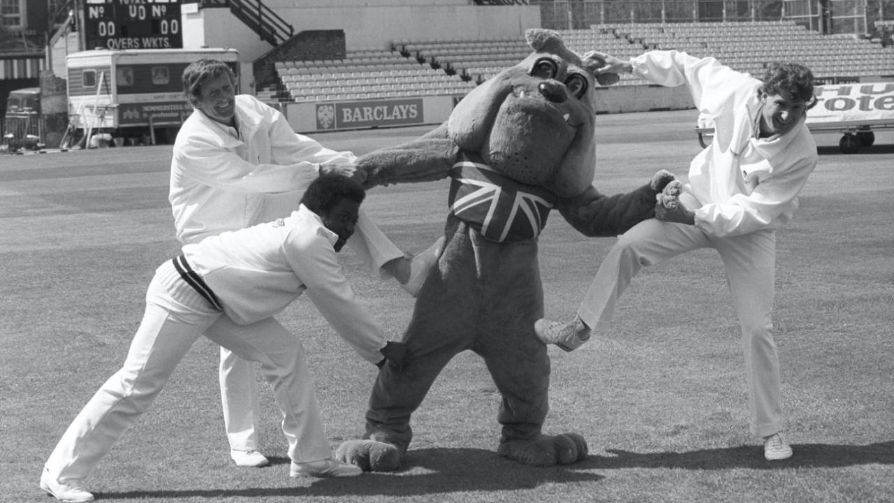 Pat Pocock, Monte Lynch and David Thomas get to grips with Winston the Bulldog, The Oval, April 26,1985