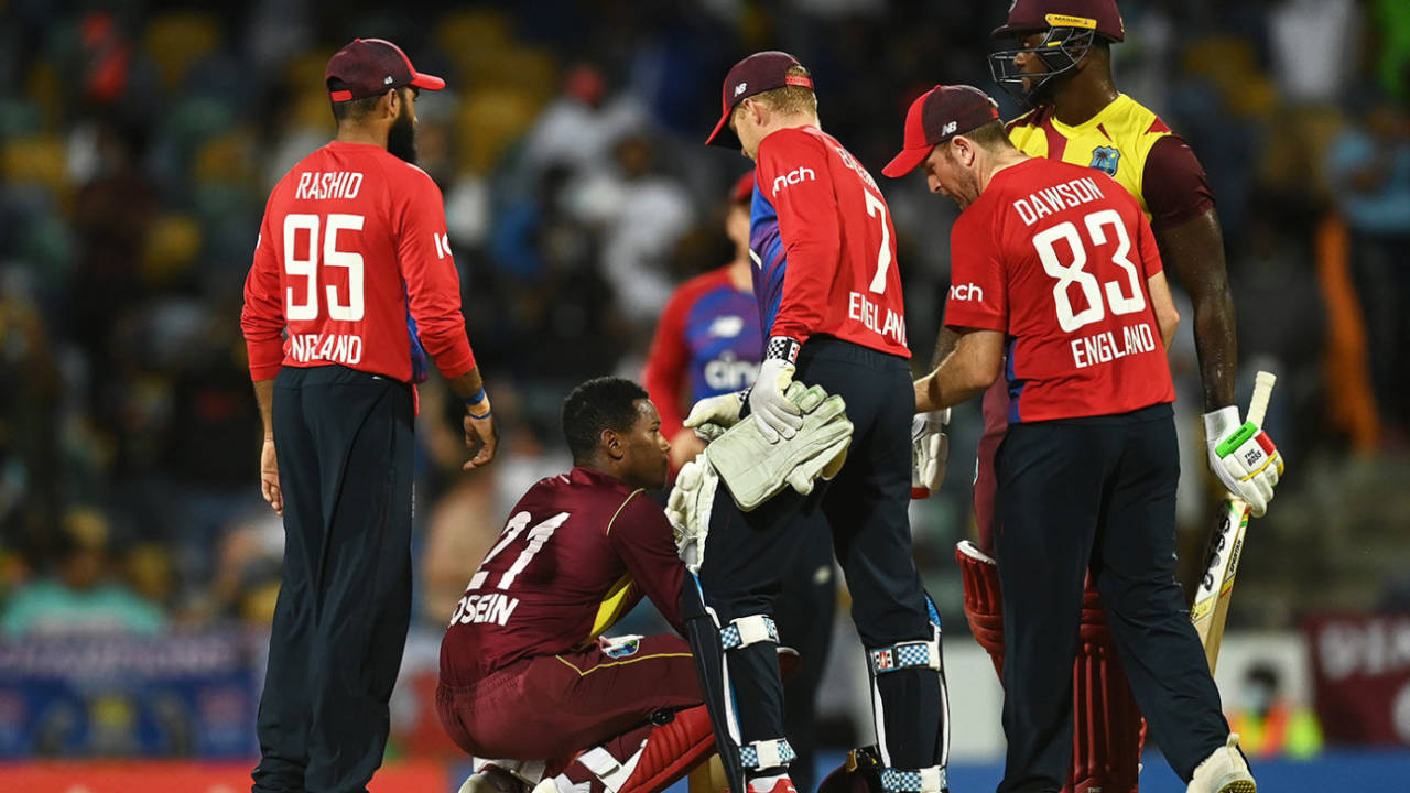 Akeal Hosein cuts a dejected figure after West Indies lose by one run&nbsp;&nbsp;&bull;&nbsp;&nbsp;Getty Images