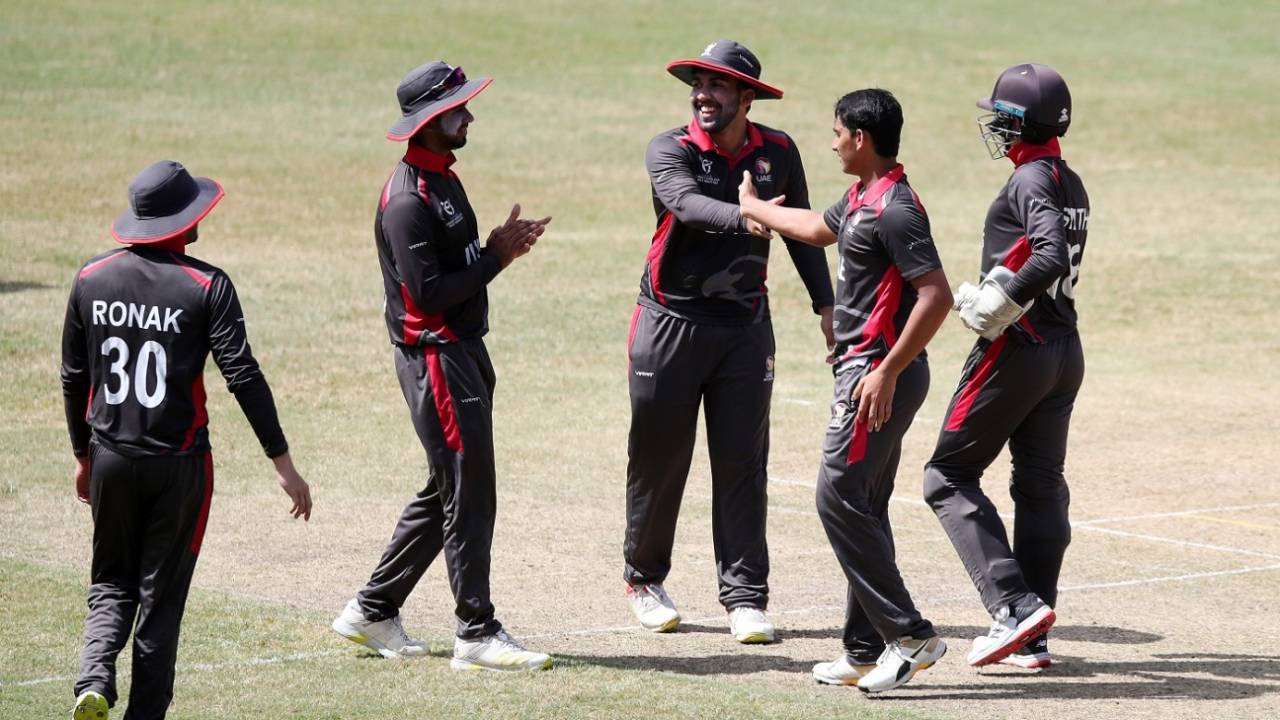 Adhitya Shetty celebrates a wicket with his team-mates&nbsp;&nbsp;&bull;&nbsp;&nbsp;ICC via Getty Images