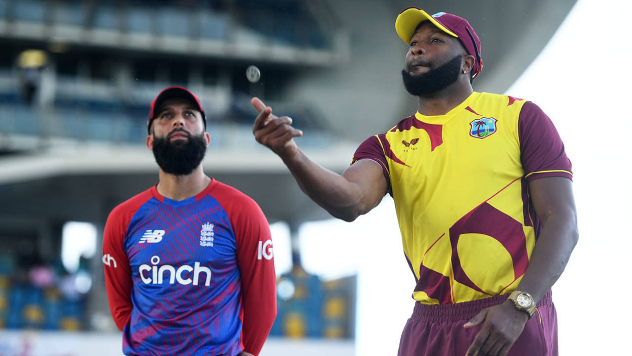 Moeen Ali and Kieron Pollard at the toss, West Indies vs England, Kensington Oval, Barbados, 3rd T20I, January 26, 2022