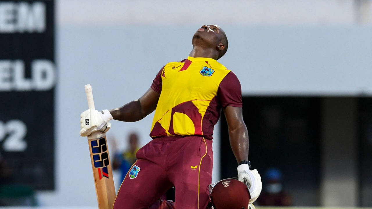 Rovman Powell sinks to his knees after reaching three figures, West Indies vs England, Kensington Oval, Barbados, 3rd T20I, January 26, 2022