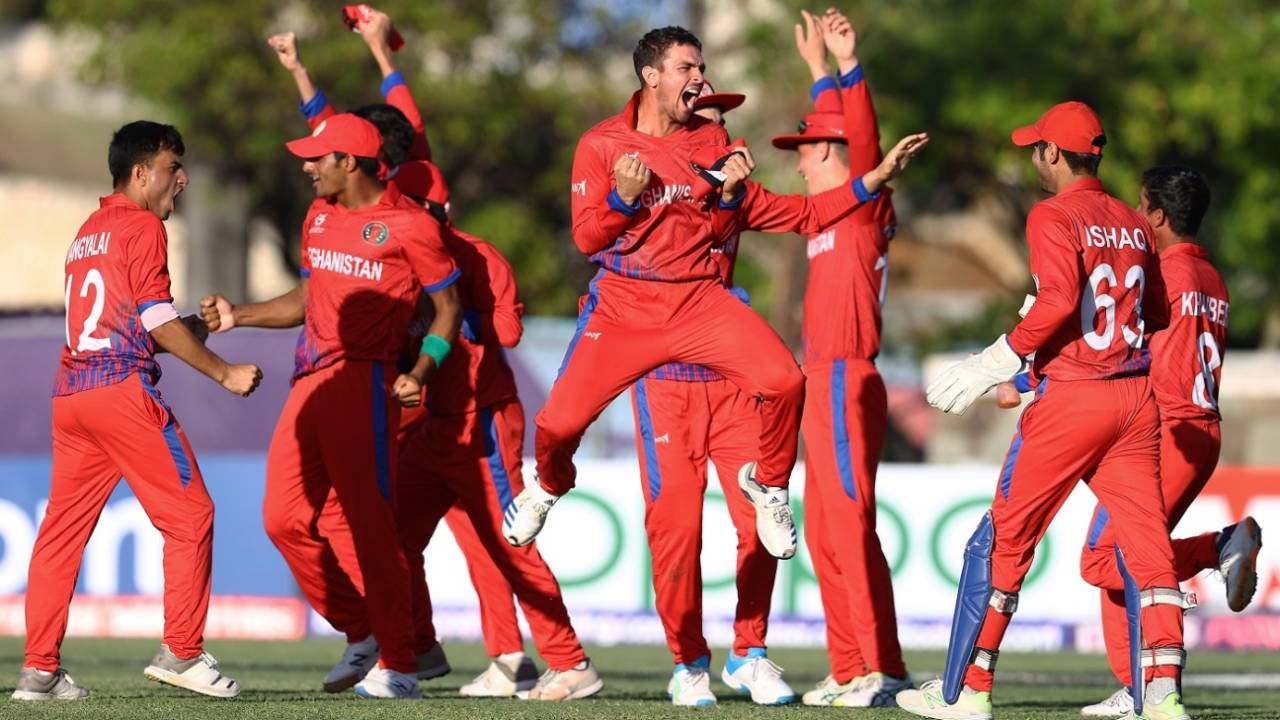 Afghanistan players celebrate their win&nbsp;&nbsp;&bull;&nbsp;&nbsp;ICC via Getty Images