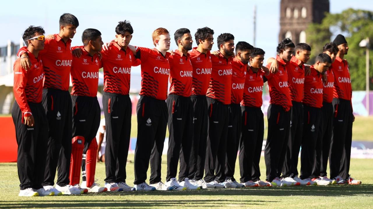 Canada's players line up for the national anthems, England vs Canada, Under-19 World Cup, Basseterre, January 18, 2022